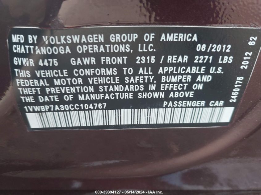 2012 Volkswagen Passat 2.5L Se VIN: 1VWBP7A30CC104767 Lot: 39394127