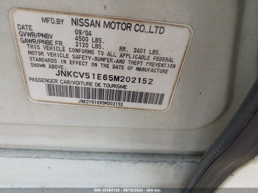 2005 Infiniti G35 VIN: JNKCV51E65M202152 Lot: 39394128