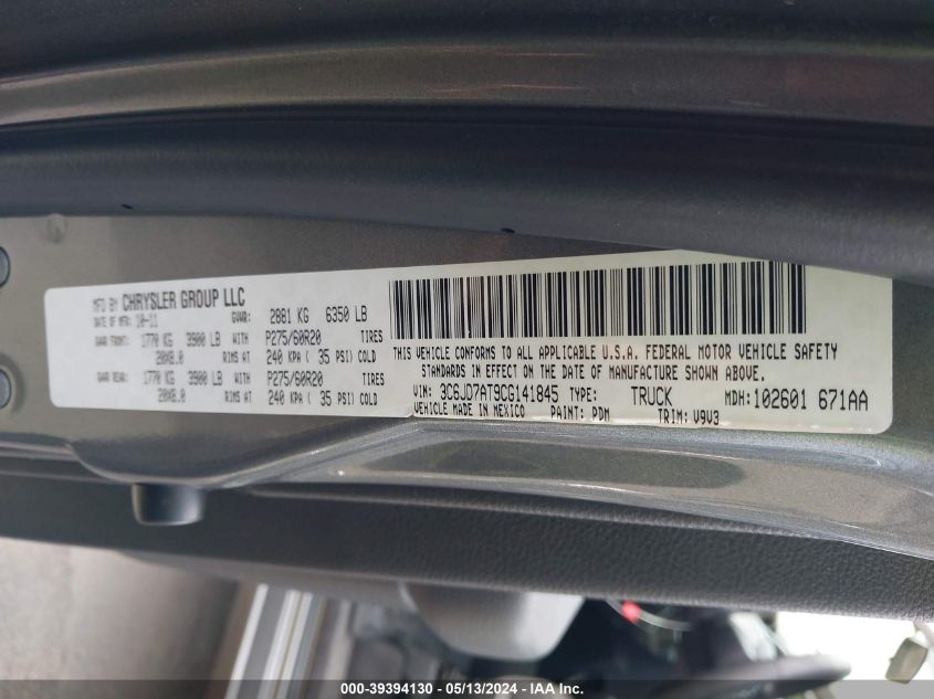 2012 Ram 1500 St VIN: 3C6JD7AT9CG141845 Lot: 39394130