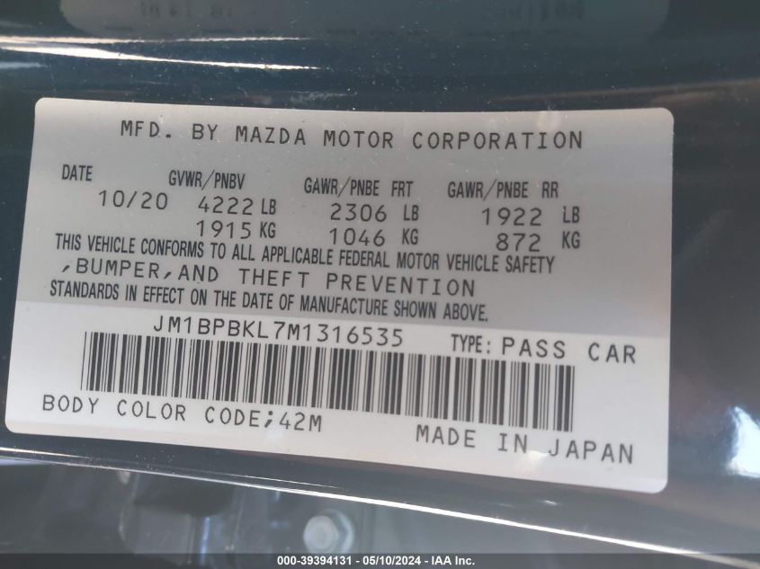 2021 Mazda Mazda3 Select VIN: JM1BPBKL7M1316535 Lot: 39394131