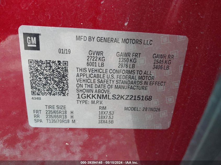 2019 GMC Acadia Slt-1 VIN: 1GKKNMLS2KZ215168 Lot: 39394145