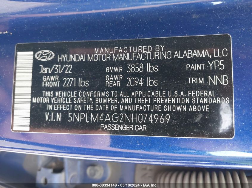 2022 Hyundai Elantra Sel VIN: 5NPLM4AG2NH074969 Lot: 39394149