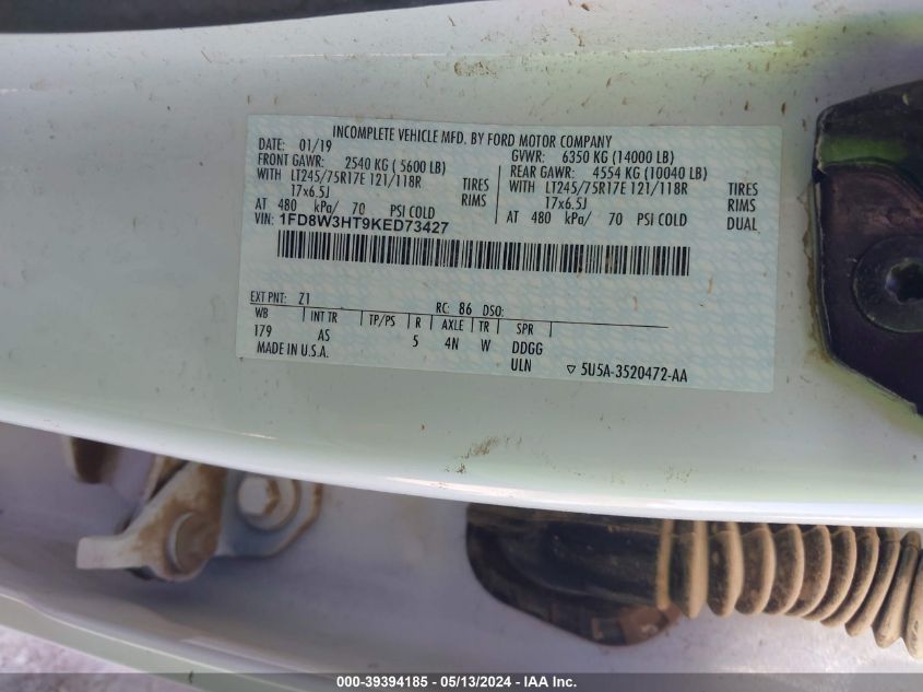 2019 Ford F-350 Chassis Xl VIN: 1FD8W3HT9KED73427 Lot: 39394185