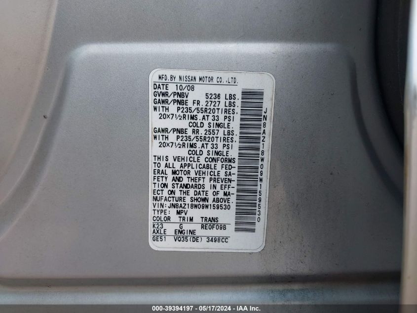 2009 Nissan Murano Le VIN: JN8AZ18W09W159530 Lot: 39394197