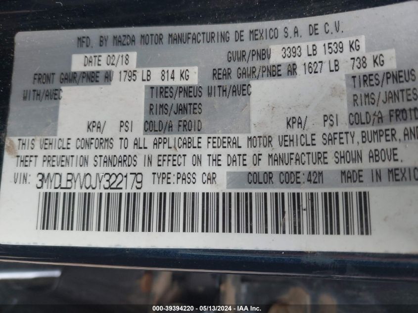 2018 Toyota Yaris Ia VIN: 3MYDLBYV0JY322179 Lot: 39394220