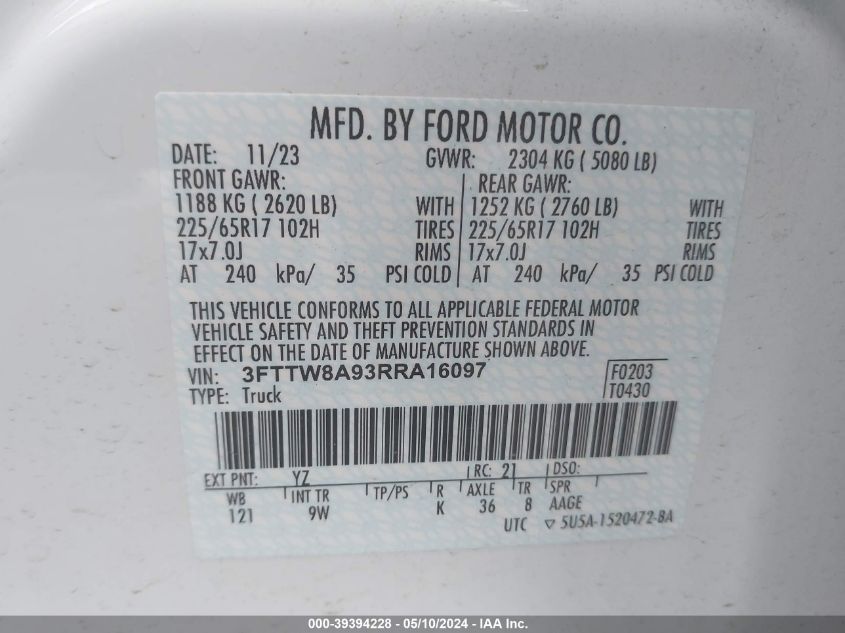 2024 Ford Maverick Xl VIN: 3FTTW8A93RRA16097 Lot: 39394228