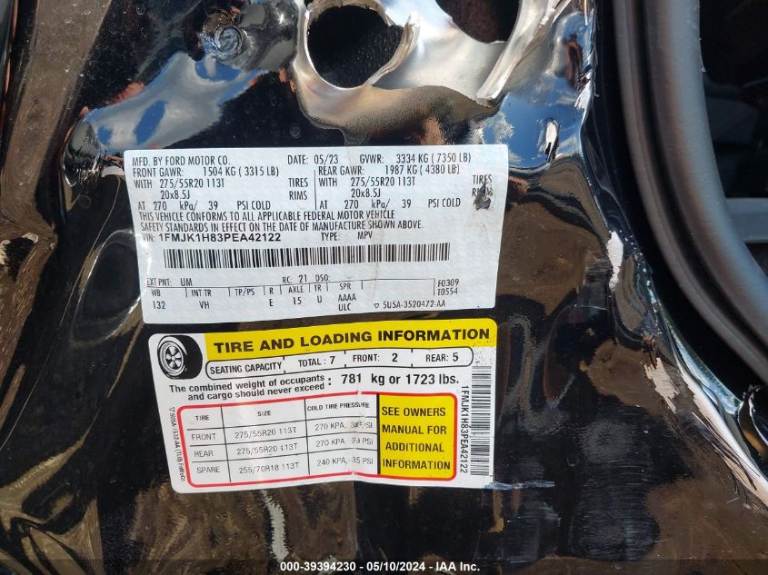2023 Ford Expedition Xlt Max VIN: 1FMJK1H83PEA42122 Lot: 39394230