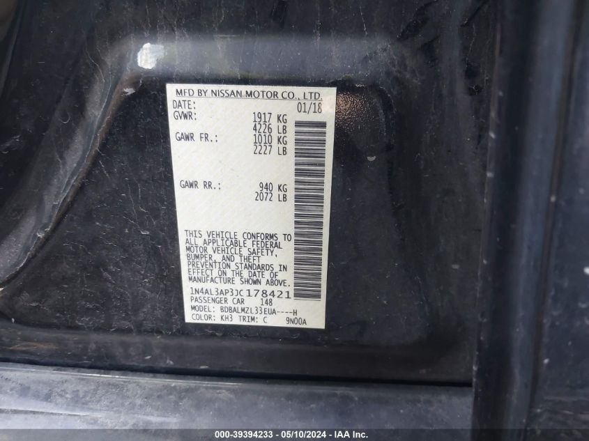 2018 Nissan Altima 2.5 Sv VIN: 1N4AL3AP3JC178421 Lot: 39394233