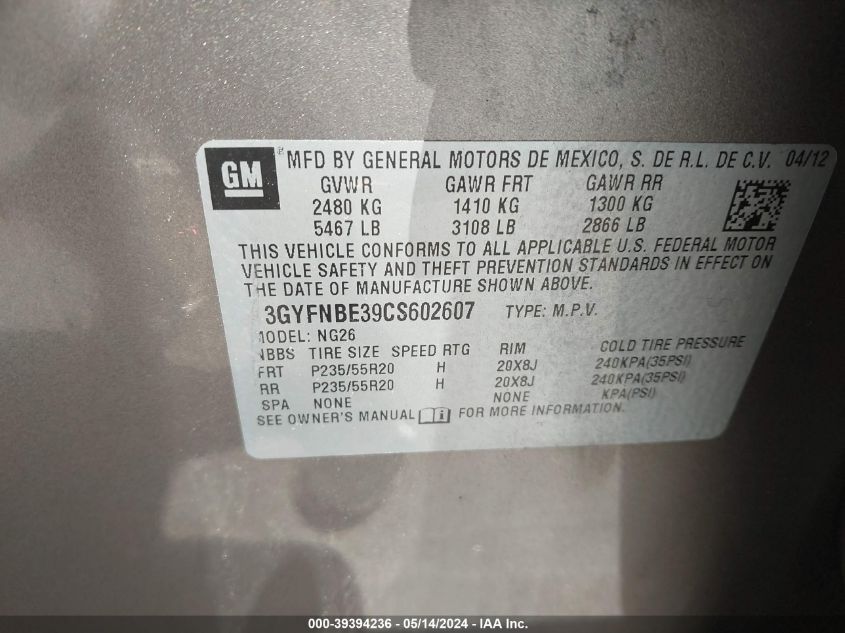 2012 Cadillac Srx Performance Collection VIN: 3GYFNBE39CS602607 Lot: 39394236