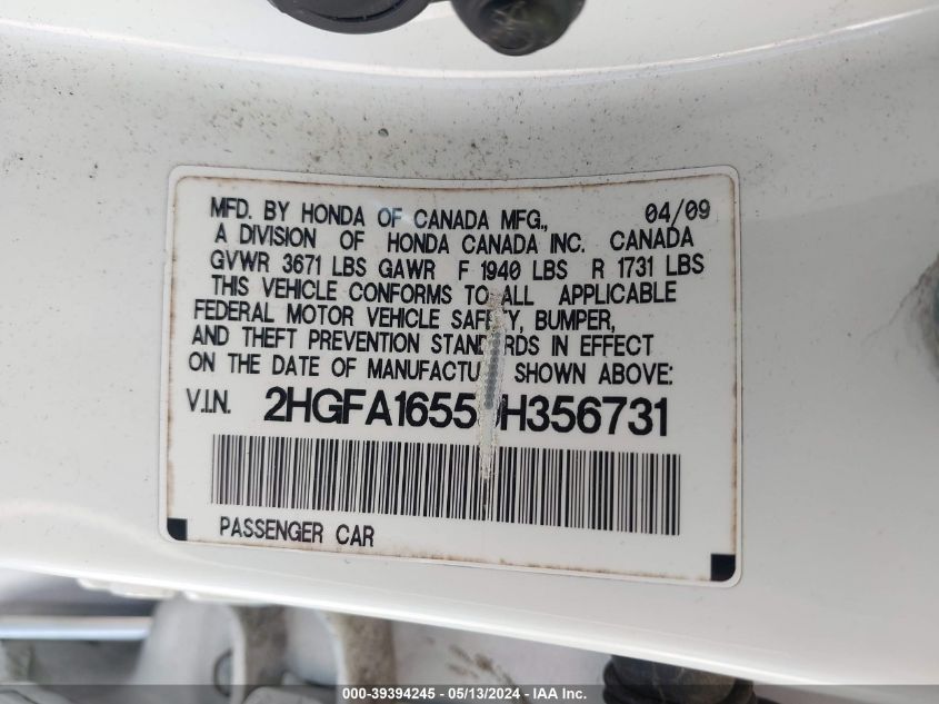 2009 Honda Civic Lx VIN: 2HGFA16559H356731 Lot: 39394245