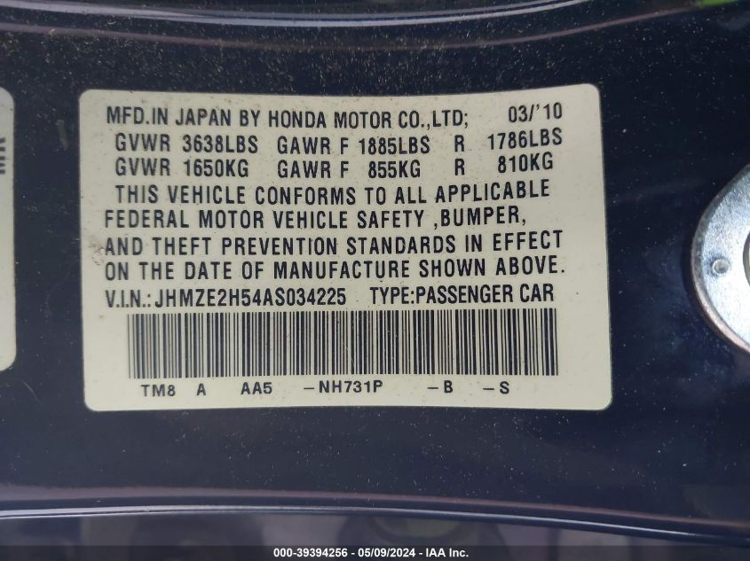 2010 Honda Insight Lx VIN: JHMZE2H54AS034225 Lot: 39394256