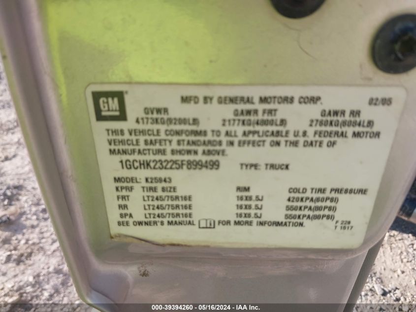 2005 Chevrolet Silverado 2500Hd Lt VIN: 1GCHK23225F899499 Lot: 39394260