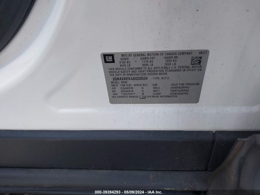 2018 Chevrolet Equinox Lt VIN: 2GNAXKEX4J6202504 Lot: 39394293