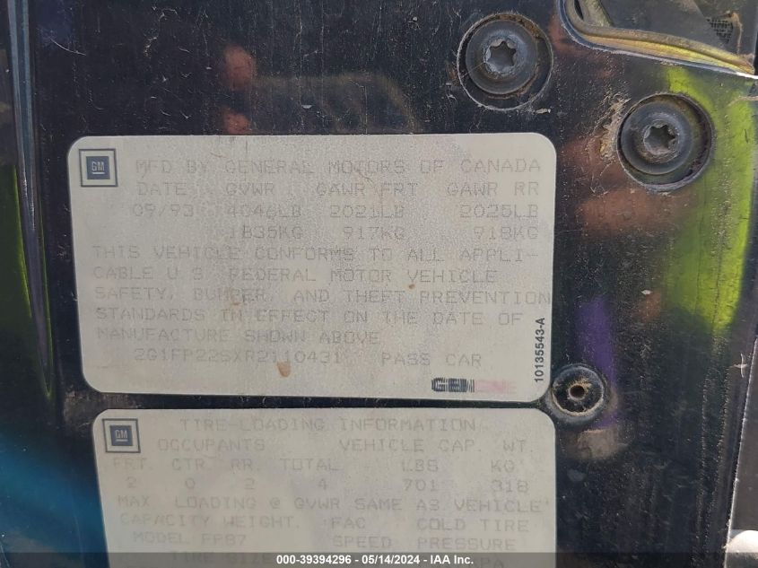 1994 Chevrolet Camaro VIN: 2G1FP22SXR2110431 Lot: 39394296