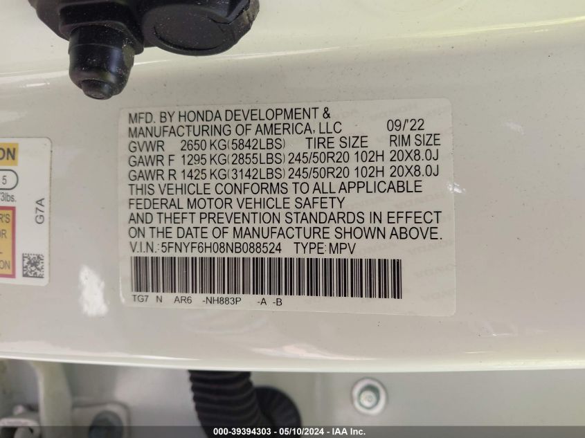 2022 Honda Pilot Awd Elite VIN: 5FNYF6H08NB088524 Lot: 39394303