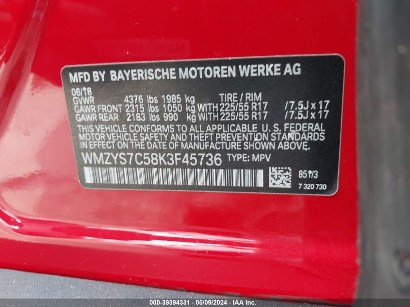 2019 Mini Countryman Cooper VIN: WMZYS7C58K3F45736 Lot: 39394331