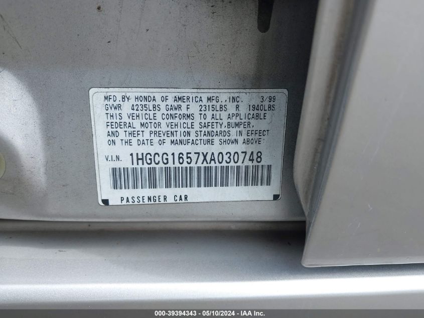 1999 Honda Accord Ex V6 VIN: 1HGCG1657XA030748 Lot: 39394343