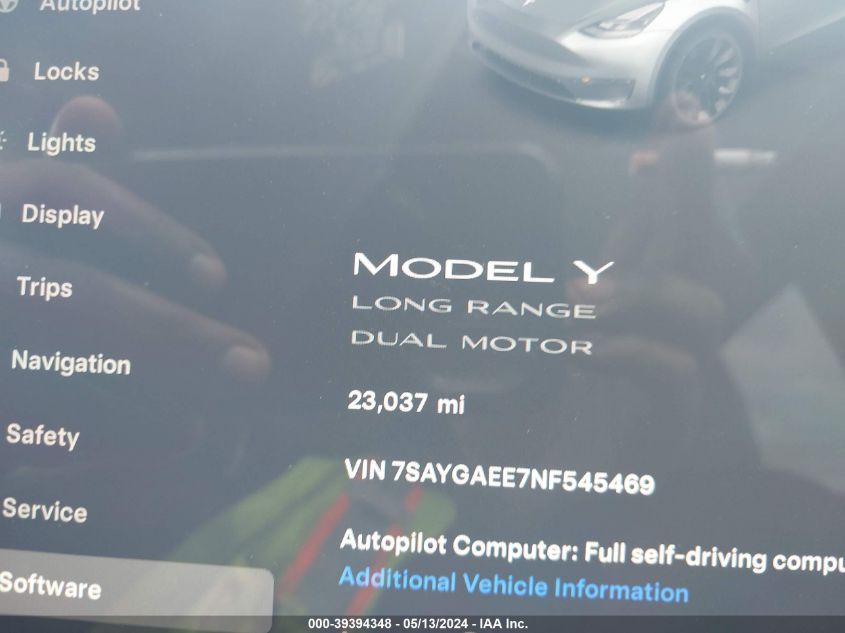 2022 Tesla Model Y Long Range Dual Motor All-Wheel Drive VIN: 7SAYGAEE7NF545469 Lot: 39394348