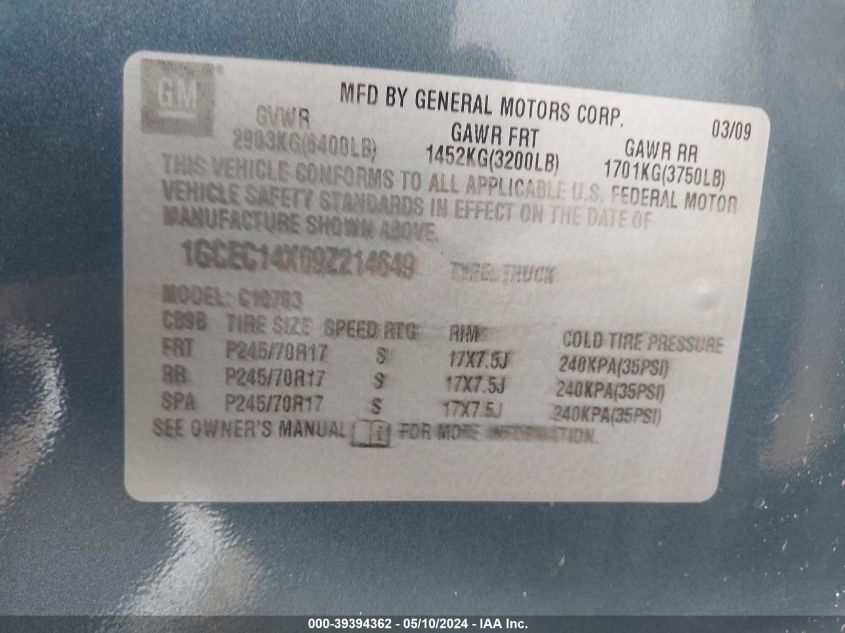2009 Chevrolet Silverado 1500 Work Truck VIN: 1GCEC14X09Z214649 Lot: 39394362