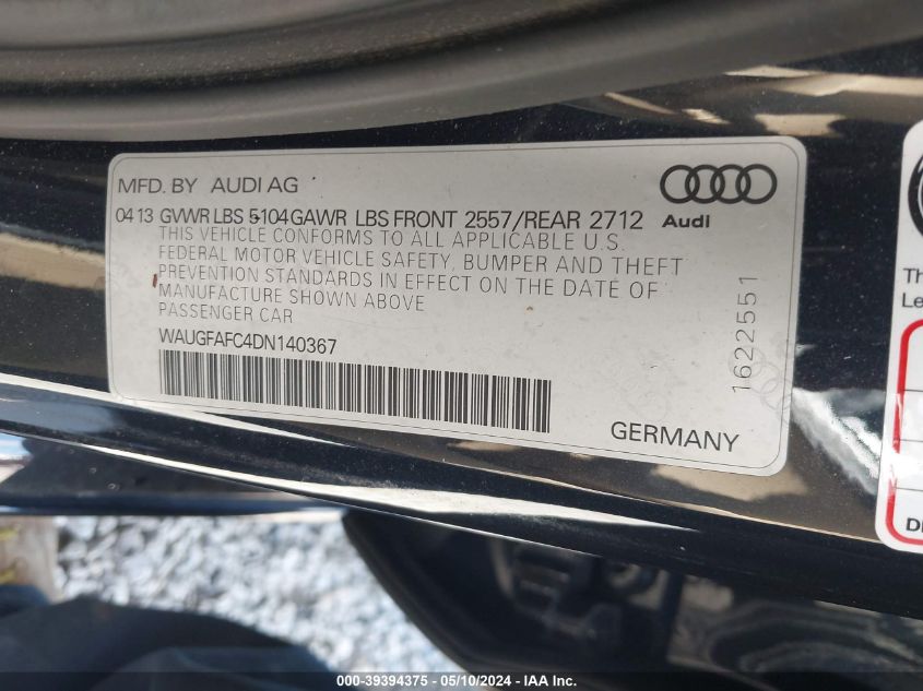 2013 Audi A6 2.0T Premium VIN: WAUGFAFC4DN140367 Lot: 39394375