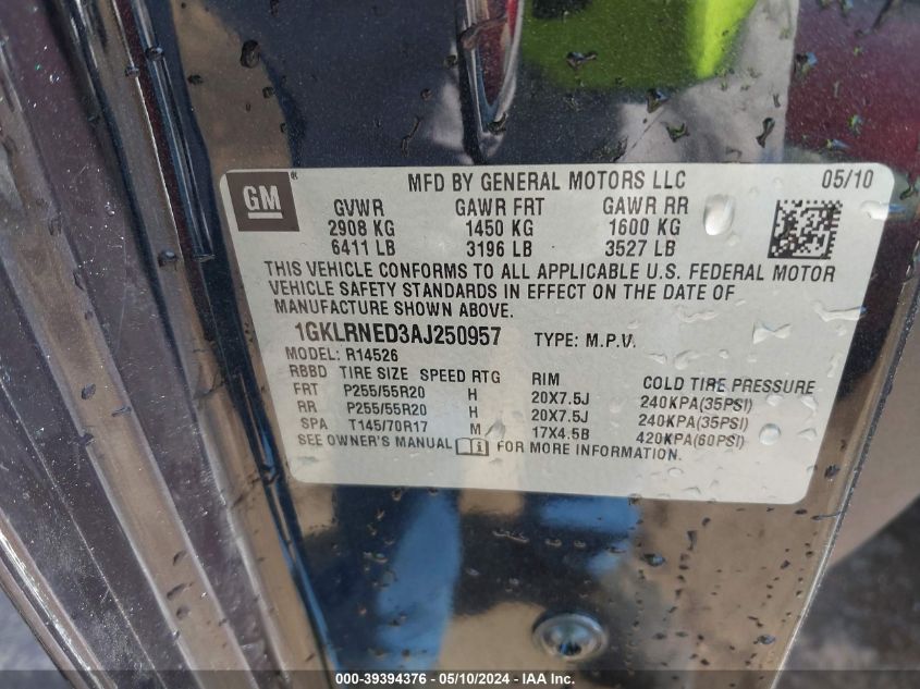 2010 GMC Acadia Slt-2 VIN: 1GKLRNED3AJ250957 Lot: 39394376