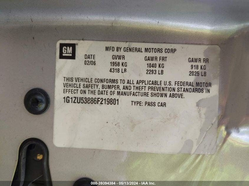 2006 Chevrolet Malibu Ltz VIN: 1G1ZU53886F219801 Lot: 39394384