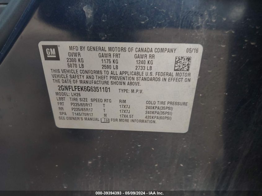 2016 Chevrolet Equinox Lt VIN: 2GNFLFEK6G6351101 Lot: 39394393