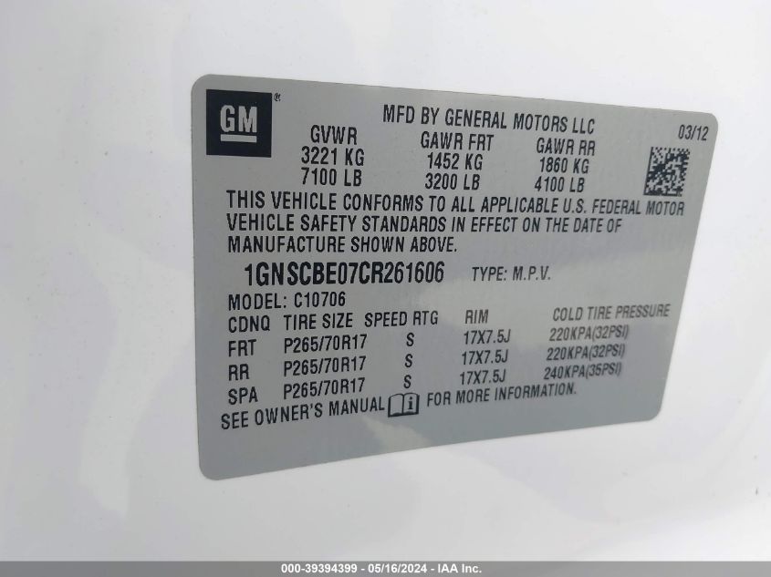 2012 Chevrolet Tahoe Lt VIN: 1GNSCBE07CR261606 Lot: 39394399