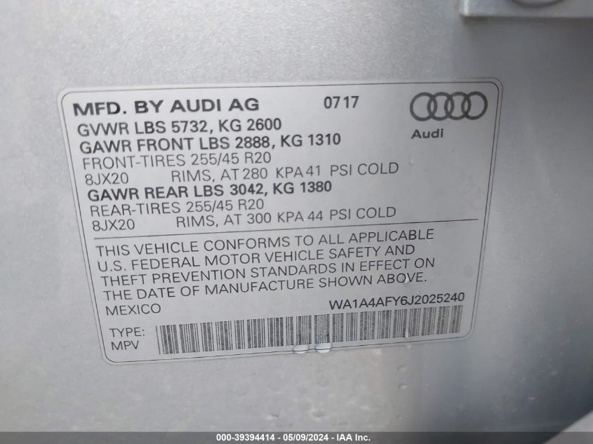 2018 Audi Sq5 3.0T Premium Plus VIN: WA1A4AFY6J2025240 Lot: 39394414
