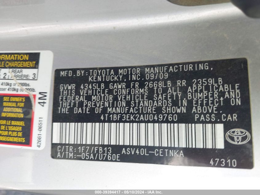 2010 Toyota Camry Le VIN: 4T1BF3EK2AU049760 Lot: 39394417