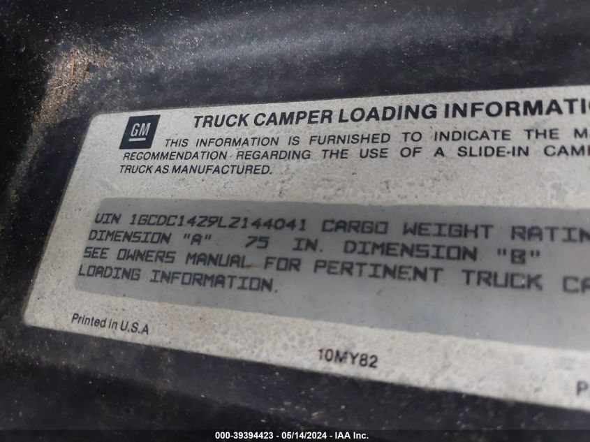 1990 Chevrolet Gmt-400 C1500 VIN: 1GCDC14Z9LZ144041 Lot: 39394423