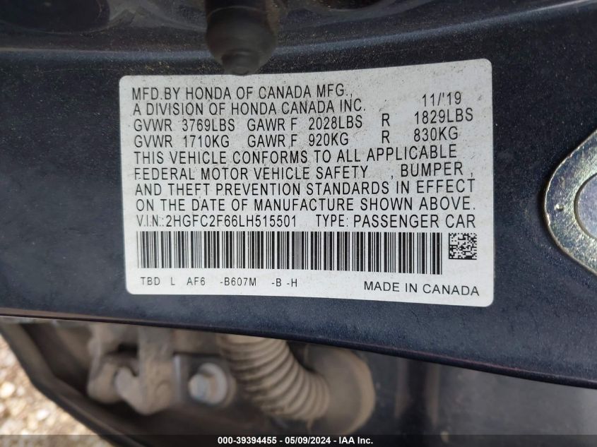 2020 Honda Civic Lx VIN: 2HGFC2F66LH515501 Lot: 39394455