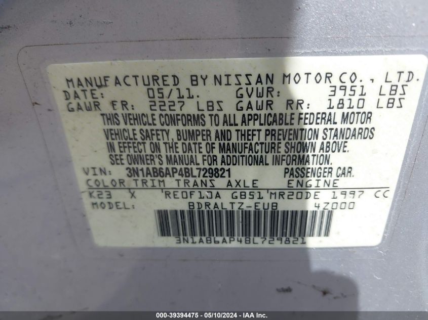 2011 Nissan Sentra 2.0S VIN: 3N1AB6AP4BL729821 Lot: 39394475