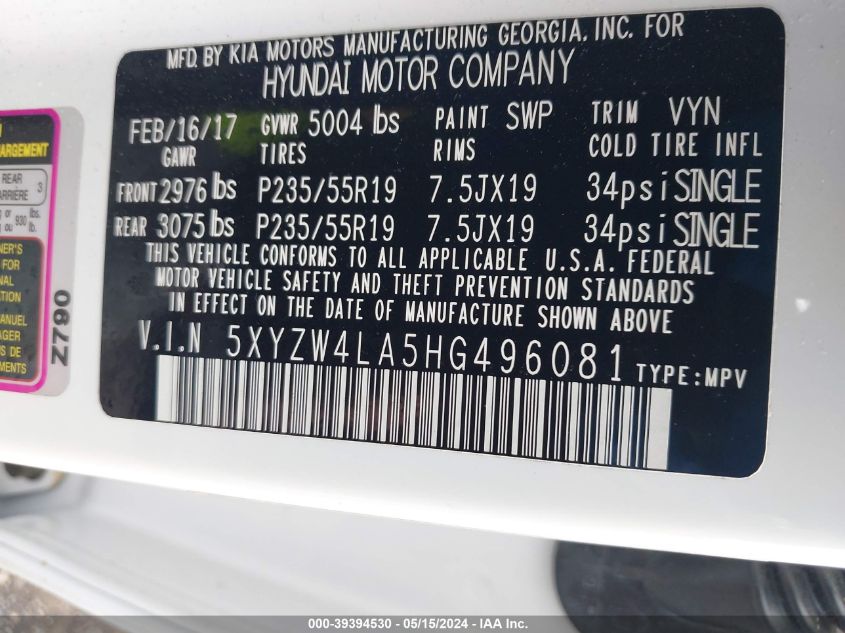 2017 Hyundai Santa Fe Sport 2.0T Ultimate VIN: 5XYZW4LA5HG496081 Lot: 39394530