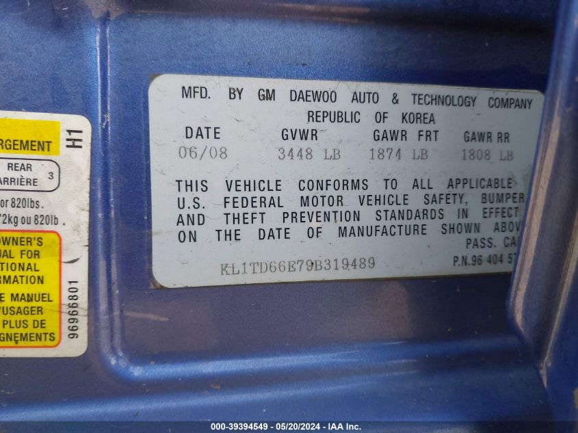 2009 Chevrolet Aveo Lt VIN: KL1TD66E79B319489 Lot: 39394549