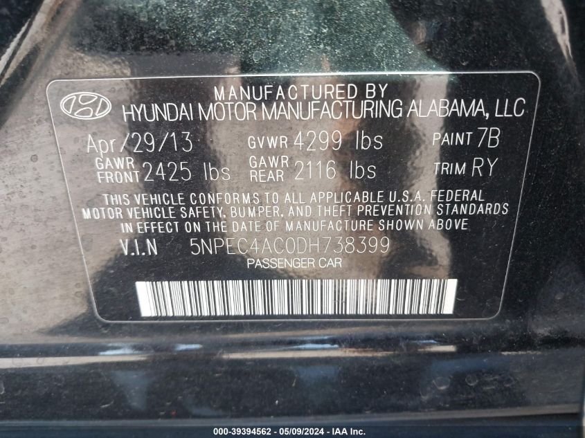 2013 Hyundai Sonata Se VIN: 5NPEC4AC0DH738399 Lot: 39394562