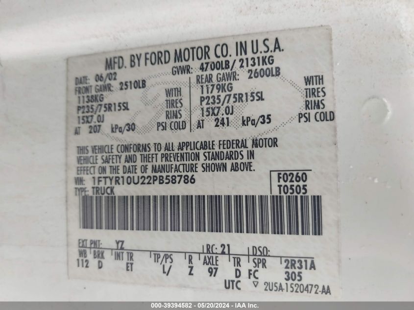 2002 Ford Ranger Edge/Xl/Xlt VIN: 1FTYR10U22PB58786 Lot: 39394582