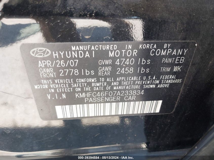 2007 Hyundai Azera Limited/Se VIN: KMHFC46F07A233834 Lot: 39394584