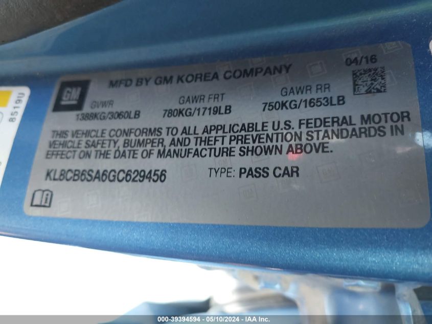2016 Chevrolet Spark Ls Cvt VIN: KL8CB6SA6GC629456 Lot: 39394594