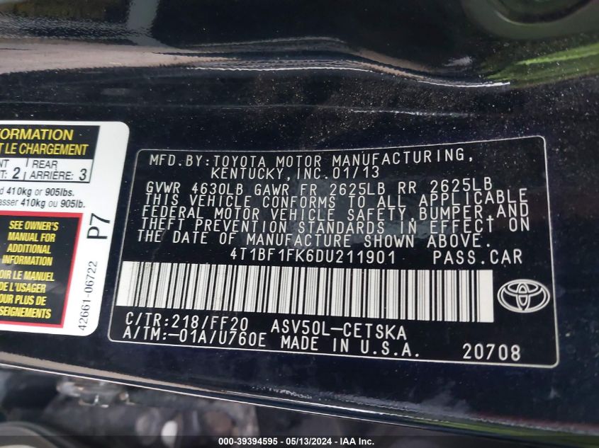 2013 Toyota Camry Se VIN: 4T1BF1FK6DU211901 Lot: 39394595