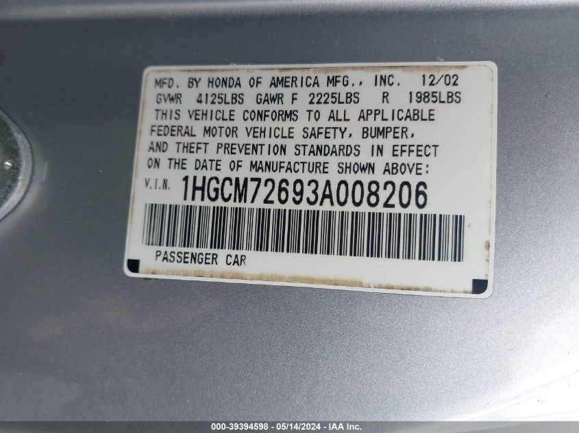 2003 Honda Accord 2.4 Ex VIN: 1HGCM72693A008206 Lot: 39394598