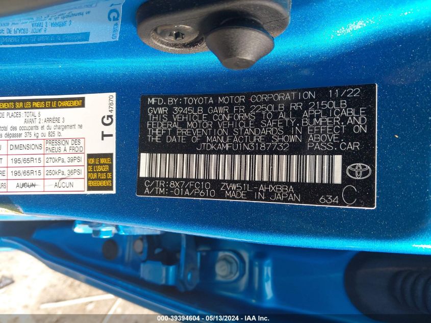 2022 Toyota Prius L VIN: JTDKAMFU1N3187732 Lot: 39394604