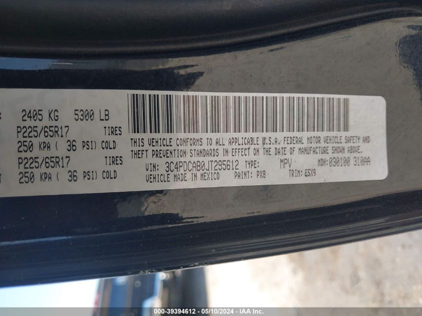 2018 Dodge Journey Se VIN: 3C4PDCAB0JT295612 Lot: 39394612