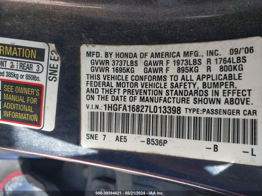 2007 Honda Civic Ex VIN: 1HGFA16827L013398 Lot: 39394621