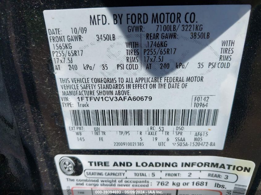 2010 Ford F-150 Fx2 Sport/Harley-Davidson/King Ranch/Lariat/Platinum/Xl/Xlt VIN: 1FTFW1CV3AFA60679 Lot: 39394693