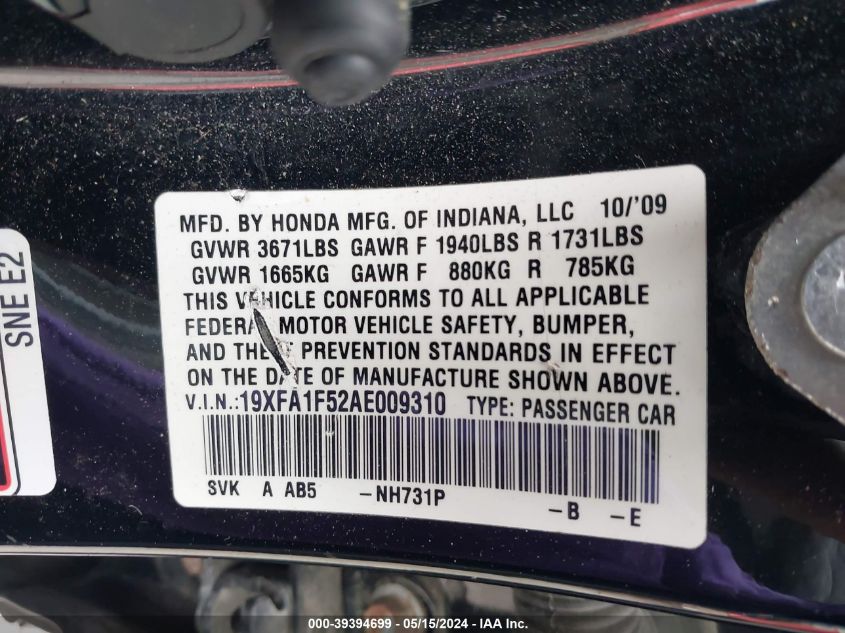 2010 Honda Civic Lx VIN: 19XFA1F52AE009310 Lot: 39394699