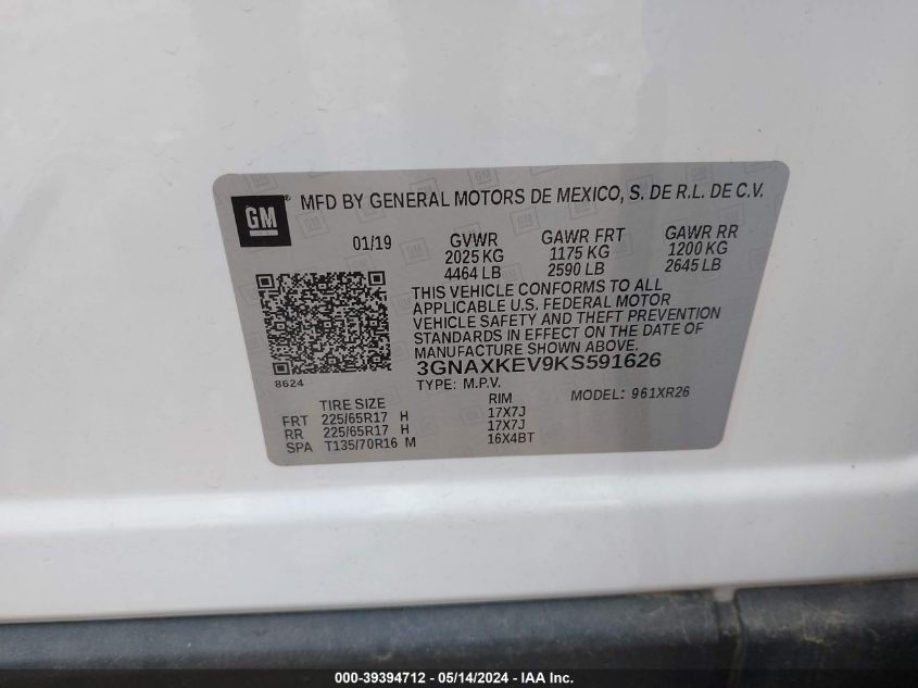 2019 Chevrolet Equinox Lt VIN: 3GNAXKEV9KS591626 Lot: 39394712