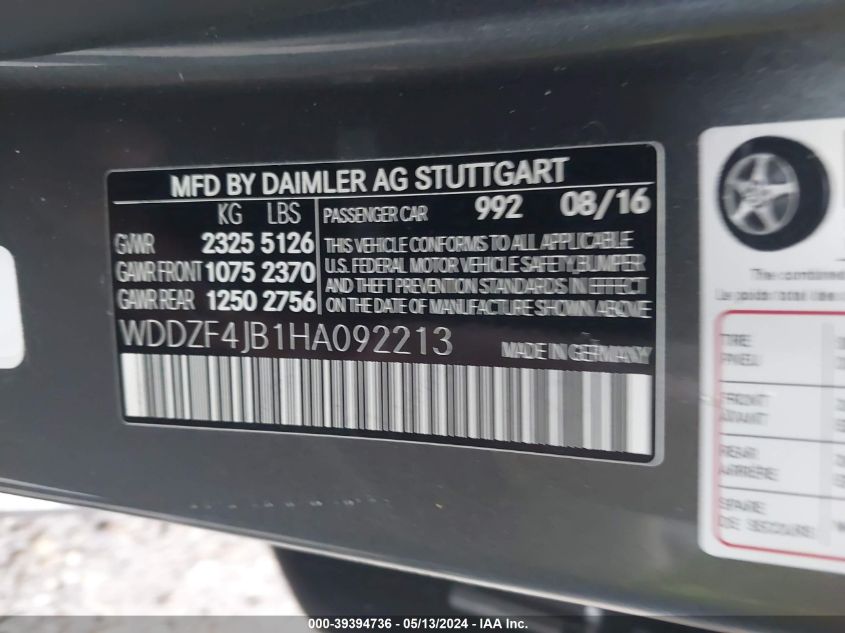 2017 Mercedes-Benz E 300 VIN: WDDZF4JB1HA092213 Lot: 39394736