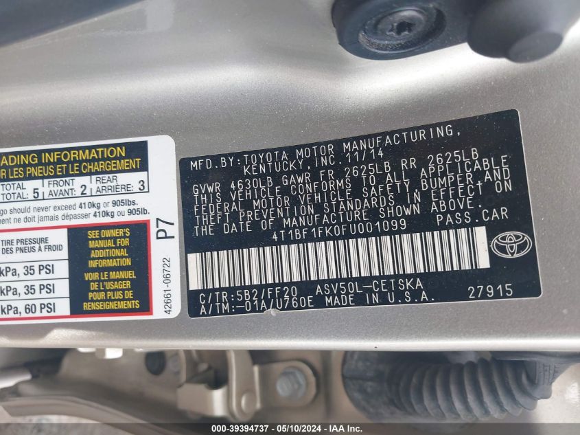 2015 Toyota Camry Se VIN: 4T1BF1FK0FU001099 Lot: 39394737