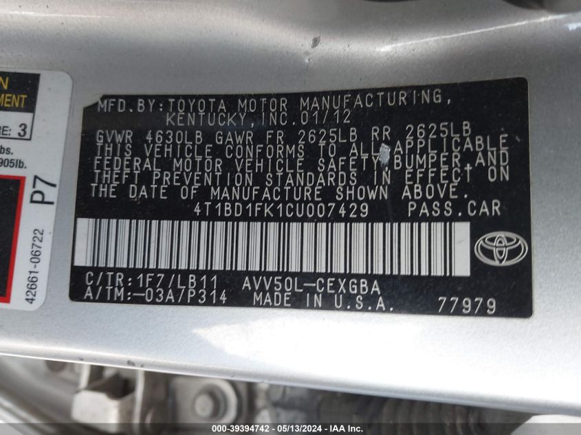 2012 Toyota Camry Hybrid Xle VIN: 4T1BD1FK1CU007429 Lot: 39394742